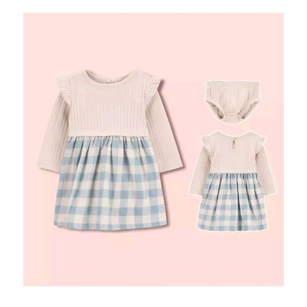 Carter's Baby Girls Dress Size 18 Months Blue & Pink Plaid Flannel Ribbed